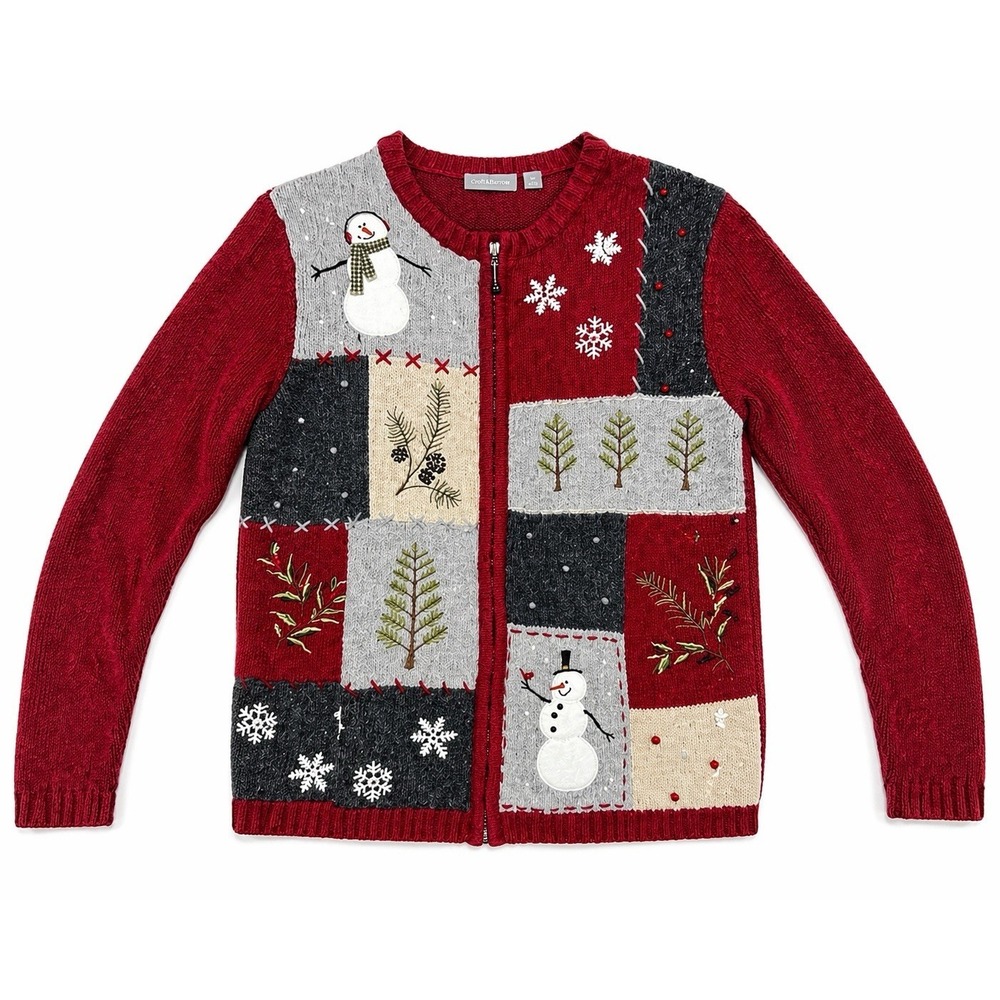 Croft & Barrow Christmas Cardigan Womens Medium Holiday Snowman Zip Sweater